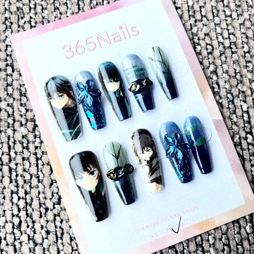 365nails: "Demon Slayer Muichiro's Mist Hashira" – Handmade Medium Trapezoid Press-On Nails