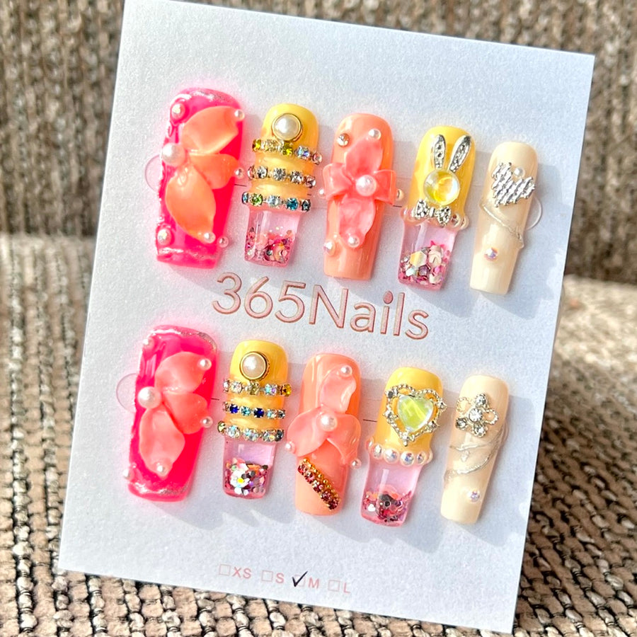 365nails : "Orchidée Pêche Lapin" — ongles press-on fait main, effet Liquid Motion, mi-longs, forme carrée — 3cm
