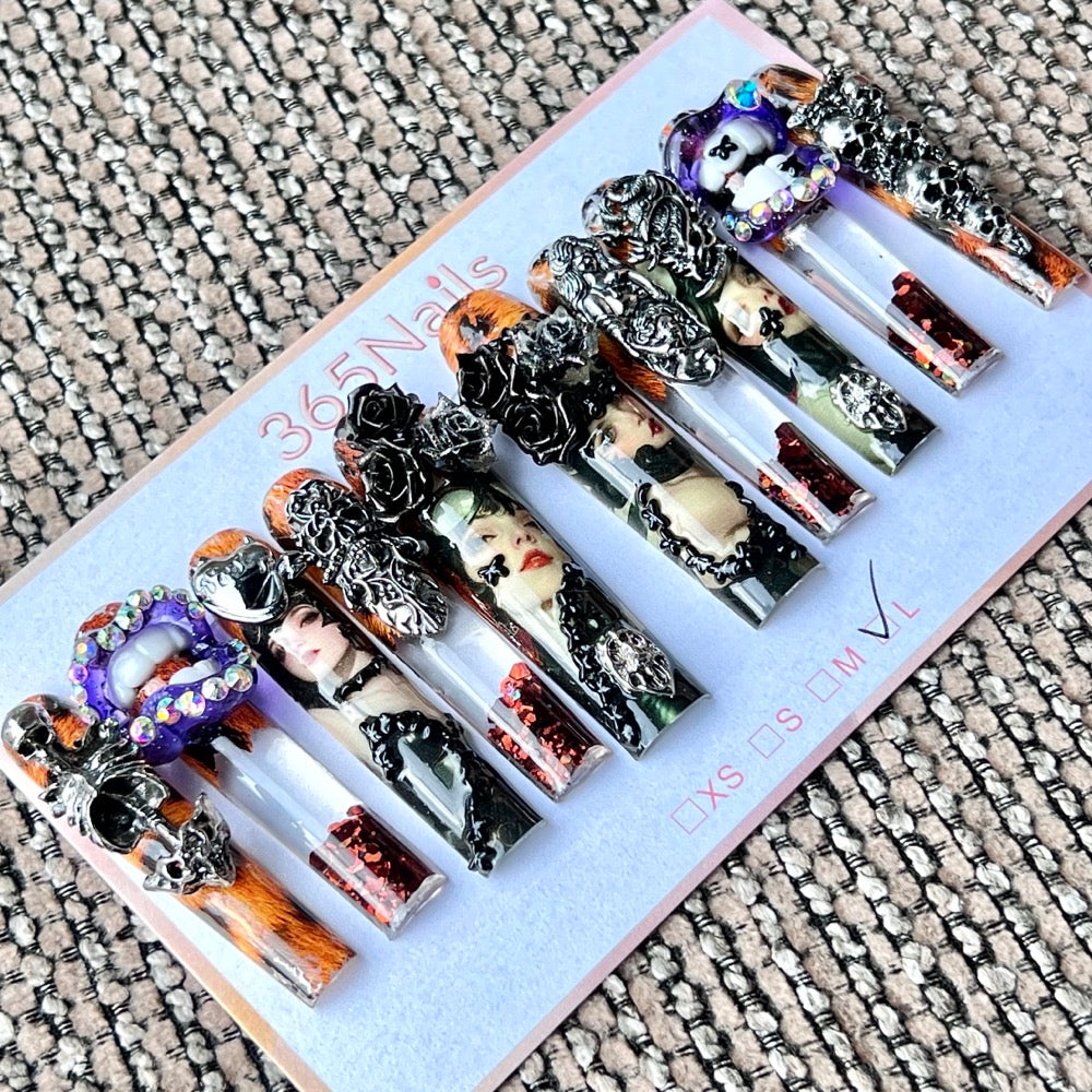 365nails: "Wild Gothic Vixen" – Handmade Liquid Motion Press-On Long Pipe Nails-5.5cm