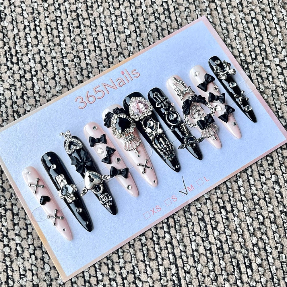 365nails: "Gothic Black Bow Heart Cross Rhinestone Metal" – Dark Sweet 3D Charm Handmade Long Stiletto