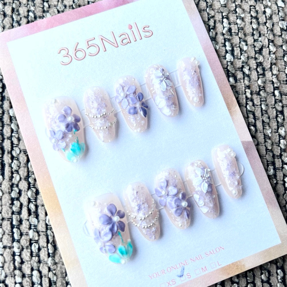 365nails: "Lilac Whisper" – 3D Floral Handmade Medium Almond Nails