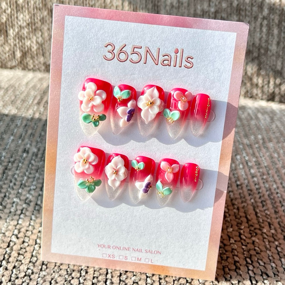 365nails: "Red Gradient Floral" – Handmade Medium Almond Press-On Nails