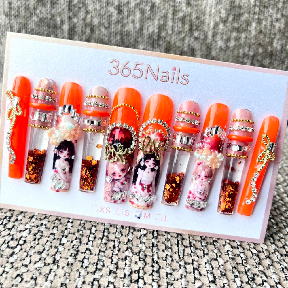 365nails: "Crimson Geisha" – 3D Character Art Handmade Coffin Nails-5.5cm