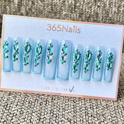 365nails: "에메랄드 아이스" – 3D 크리스탈 클러스터 수제 프레스온 네일 롱 코핀형
