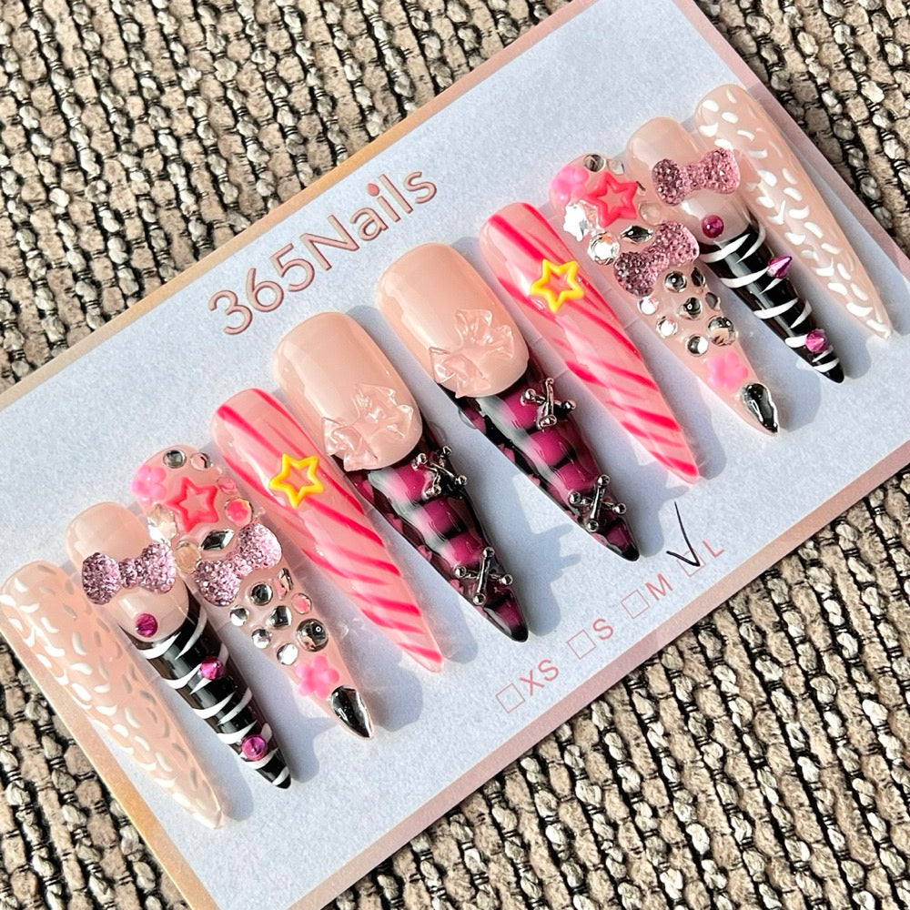 365nails: "Pink Purple Bow Star Long" – Handmade Long Stiletto Press-On Nails