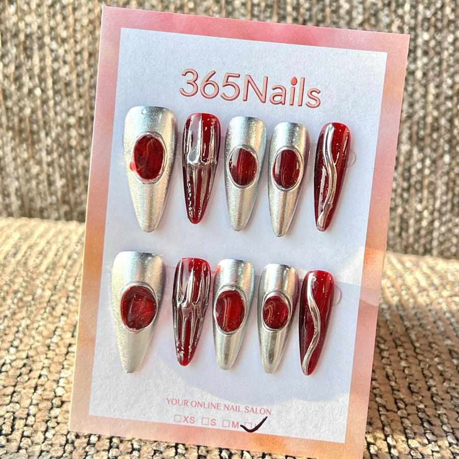 365nails: "Silver Red 3D Medium" – Handmade Medium Stiletto Press-On Nails