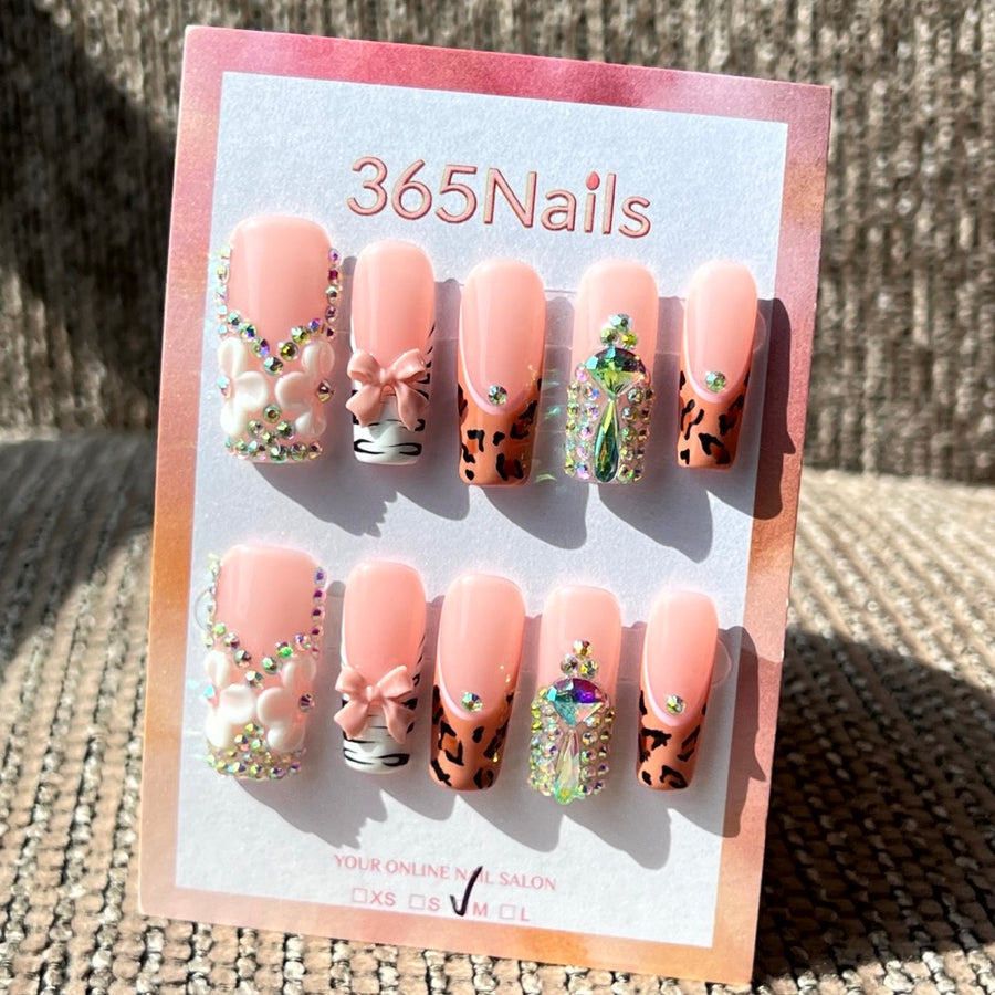 365nails: "Coquette Chic" – 3D Bow & Leopard Print Handmade Long Coffin Nails