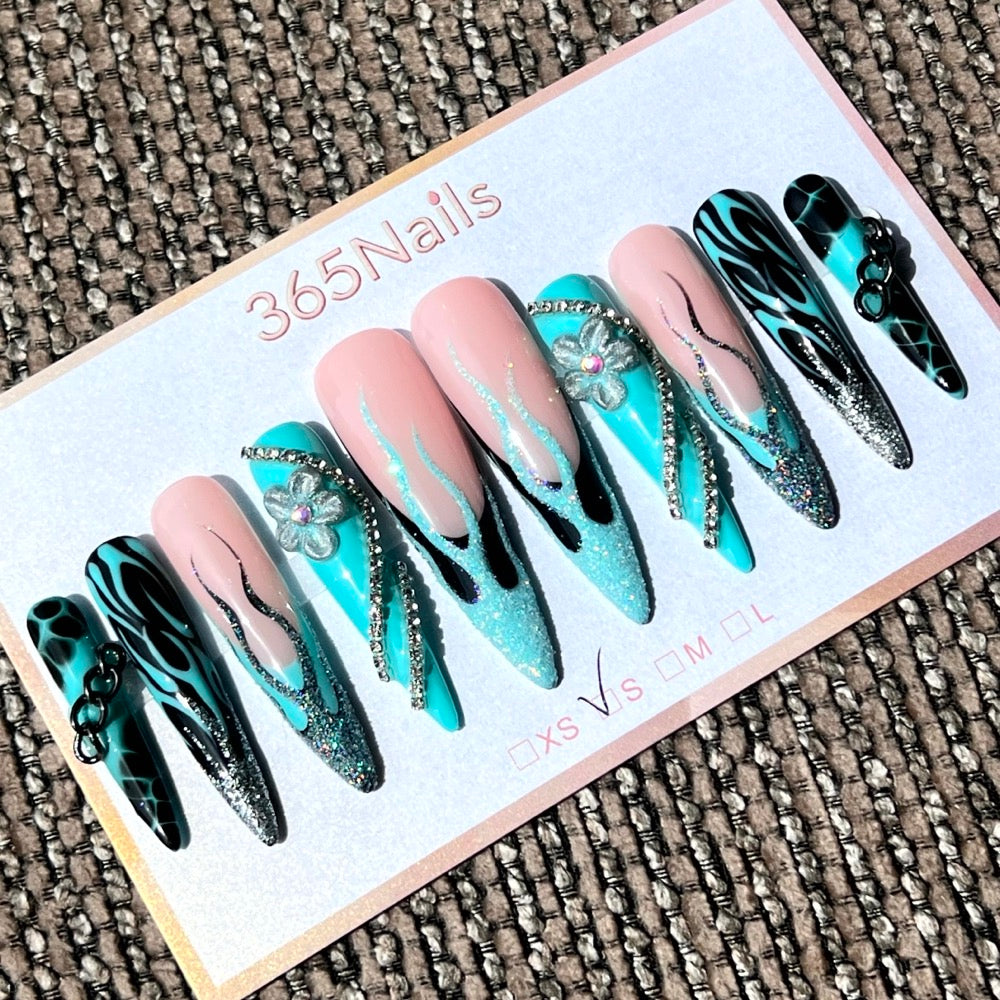 365nails: 청록의 불꽃 – 3D 꽃 장식 & 추상 수제 롱 스틸레토형 프레스온 네일