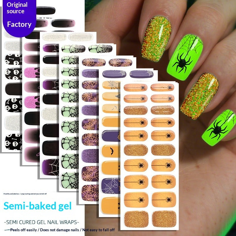 Semi-Cured Gel Nail Strips Halloween Glow Dark Spiderweb Design (MOQ=3)