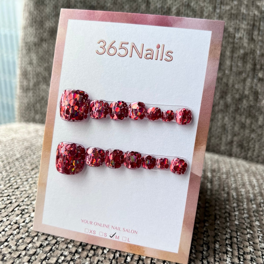 365nails: "fiery red shattered glitter" – handmade press-on pedicure