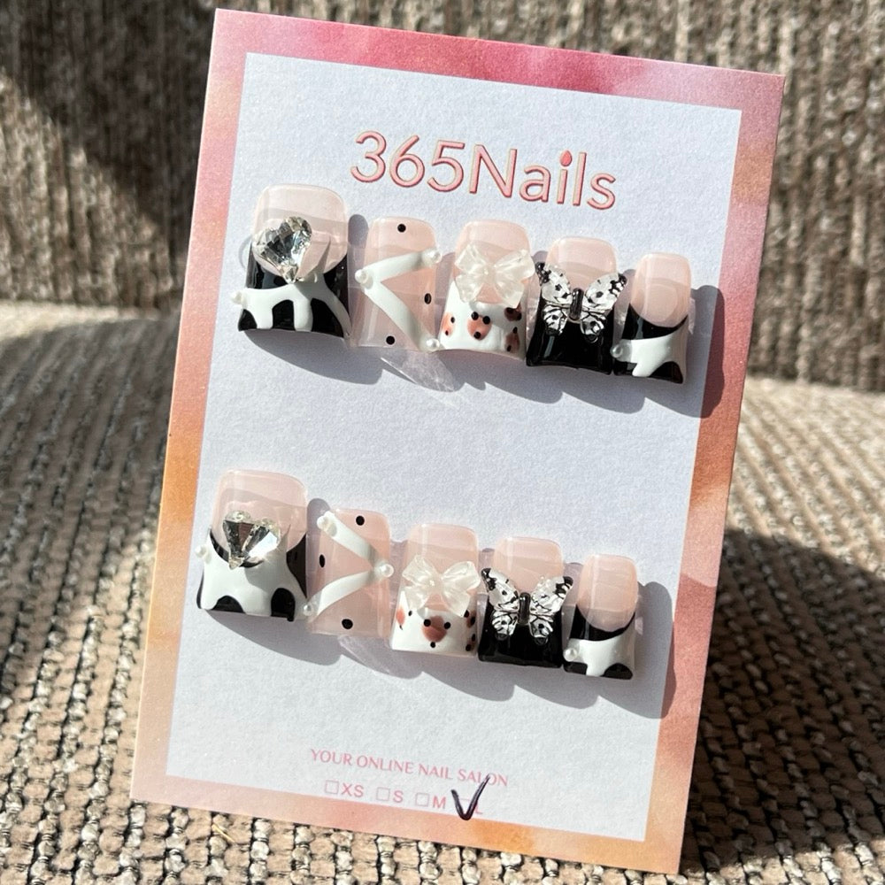 365nails: "Black Tie Affair" – 3D Bows & Jewels Handmade Press on Nails Short Square Nails
