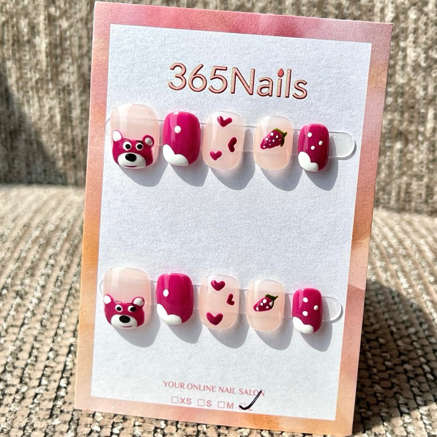365nails: "Pink Bear Strawberry Heart Short" – Handmade Short Square Press-On Nails