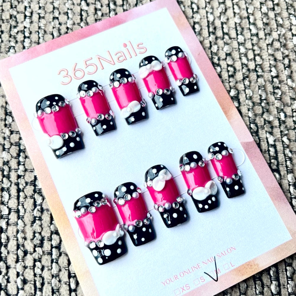 365nails: 레트로 시크 – 3D 리본 & 도트 수제 코핀형 프레스온 네일
