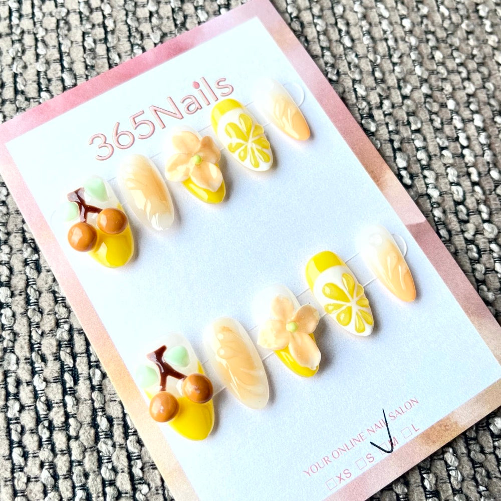 365nails: « Verger d'agrumes » – Ongles forme amande faits main avec fruits et floral 3D