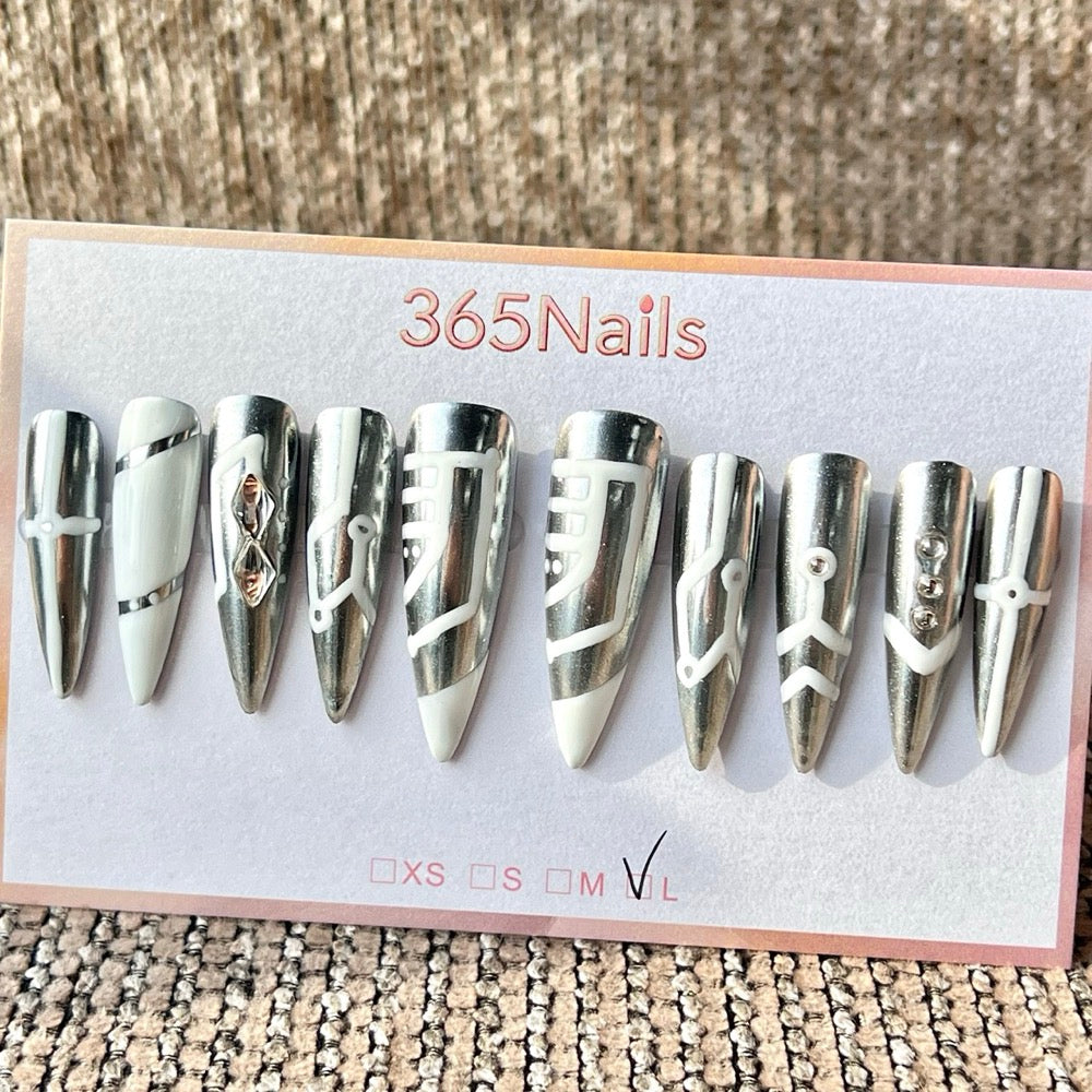 365nails 실버 화이트 사이버 수제 롱 스틸레토형 프레스온 네일
