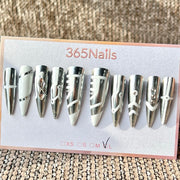 365nails 실버 화이트 사이버 수제 롱 스틸레토형 프레스온 네일
