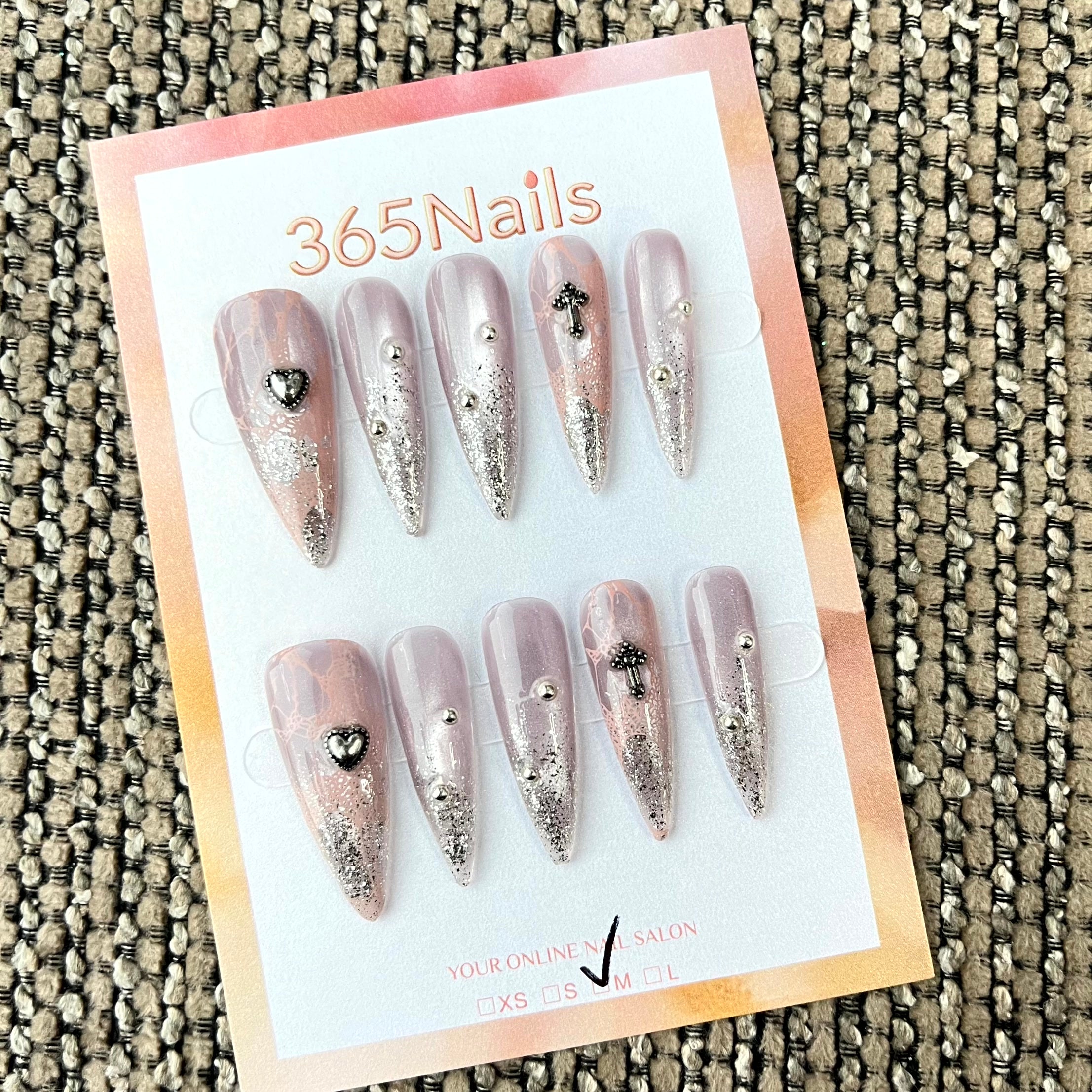 Blush Gothic: "Lace & Heart" – Long Stiletto Press-on Nails