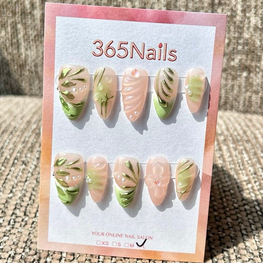 365nails 연한 핑크·그린 잎 3D 믹스 수제 미디엄 스틸레토형 프레스온 네일