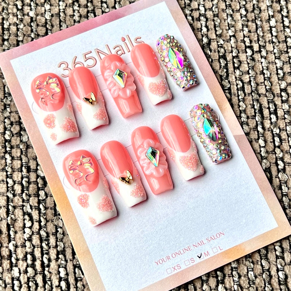 365nails: "Coral Pink Sparkle" – Handmade Medium Square Press-On Nails