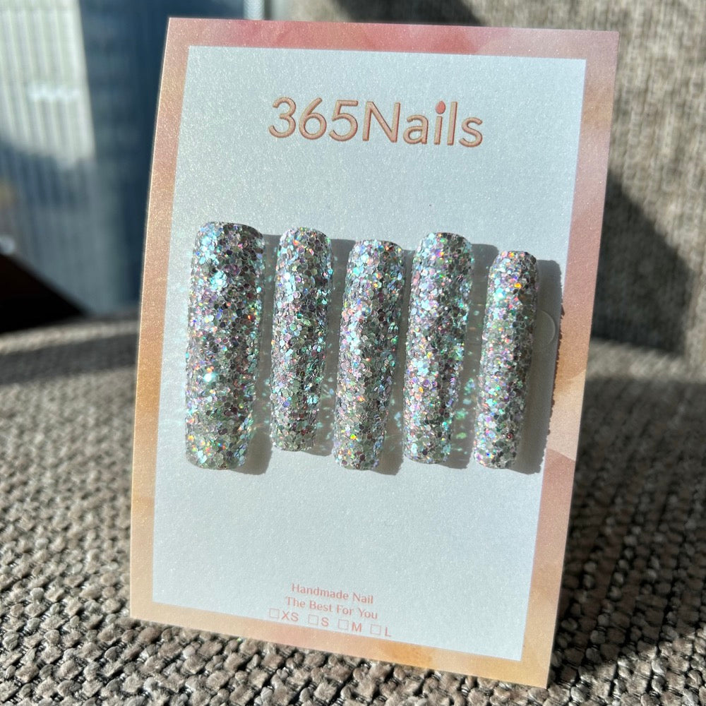 Crystal Champagne Press On Nails｜Silver Holographic Chunky Glitter Square | Starry Glitter · Sparkling Series