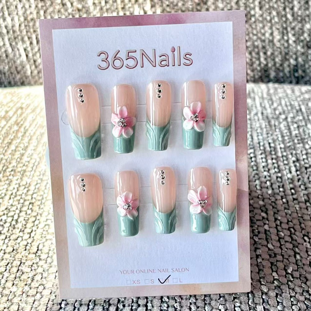 365Nails: "Pink Mist Mint Flower Morning" - 3D three-dimensional floral gradual change patch manicure, water drop nail