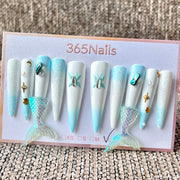 365nails: "Mermaid Tail Blue" – Handmade Long Stiletto Press-On Nails