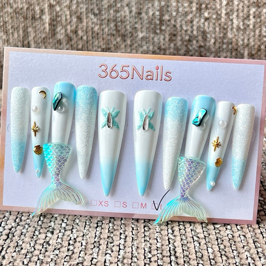 365nails: "Mermaid Tail Blue" – Handmade Long Stiletto Press-On Nails