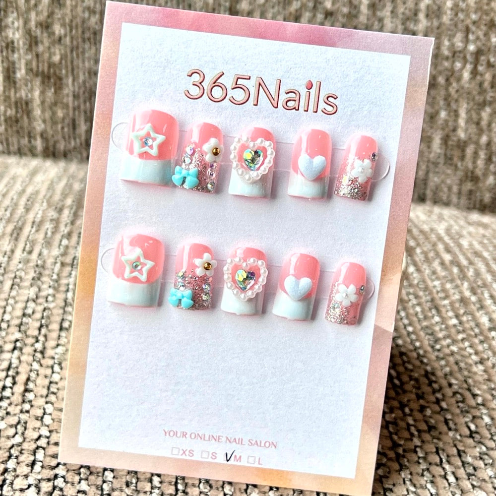 "Pink Blue French Star Heart Bow" - Wholesale Ultra-Soft Flexible Fit Handmade Nails (MOQ=100)