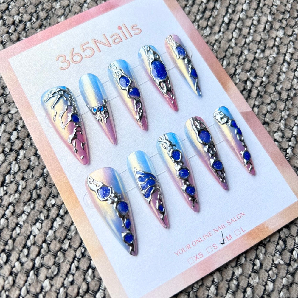Femme Fatale: "Cyber Aurora" – Pink & Blue Gradient Pearlescent Base with 3D Liquid Silver Chrome & Deep Blue Galaxy Gemstones Long Stiletto Nails