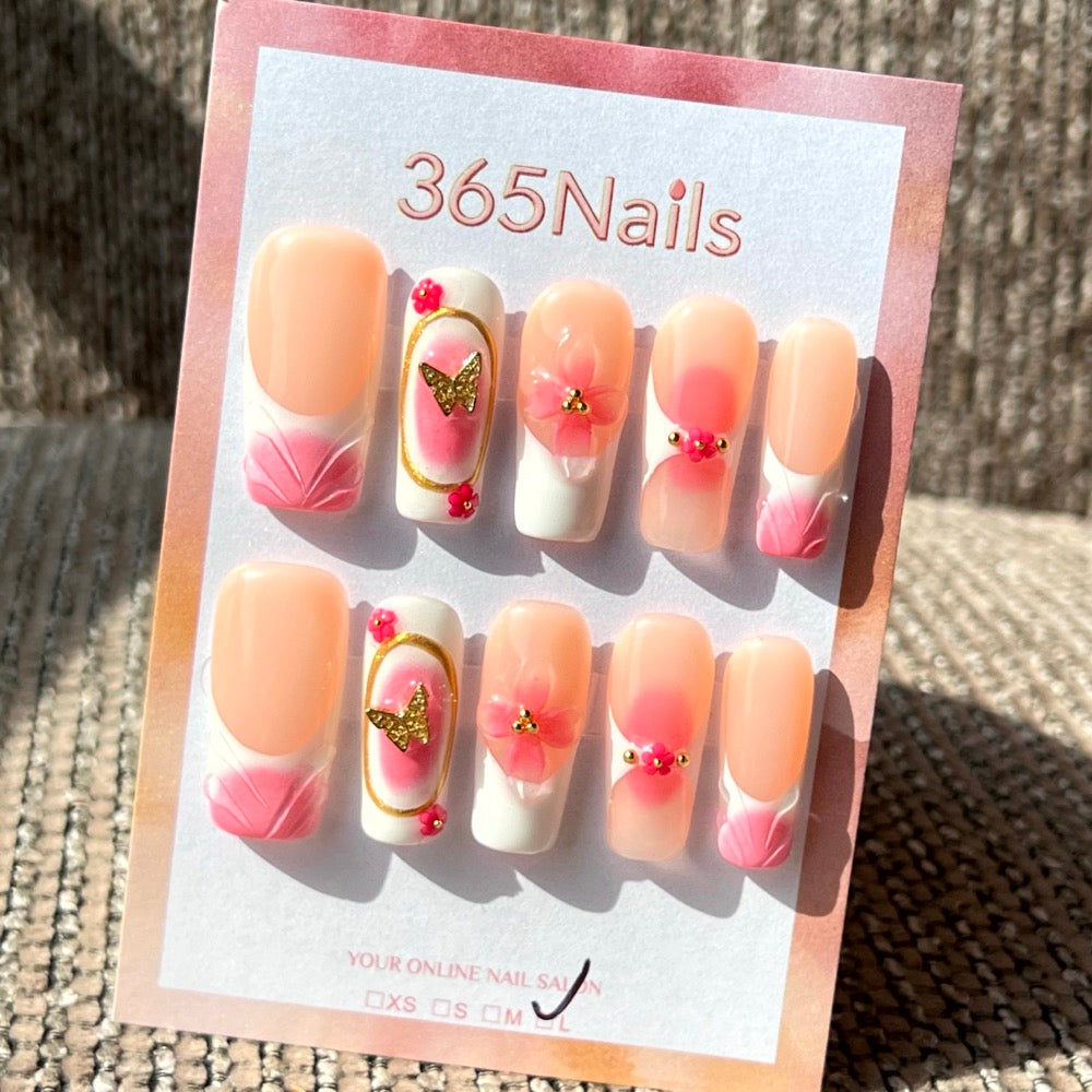 365nails: "Jardin de papillons roses" – ongles press-on forme carrée, courts, fait main, 3D floral et papillons