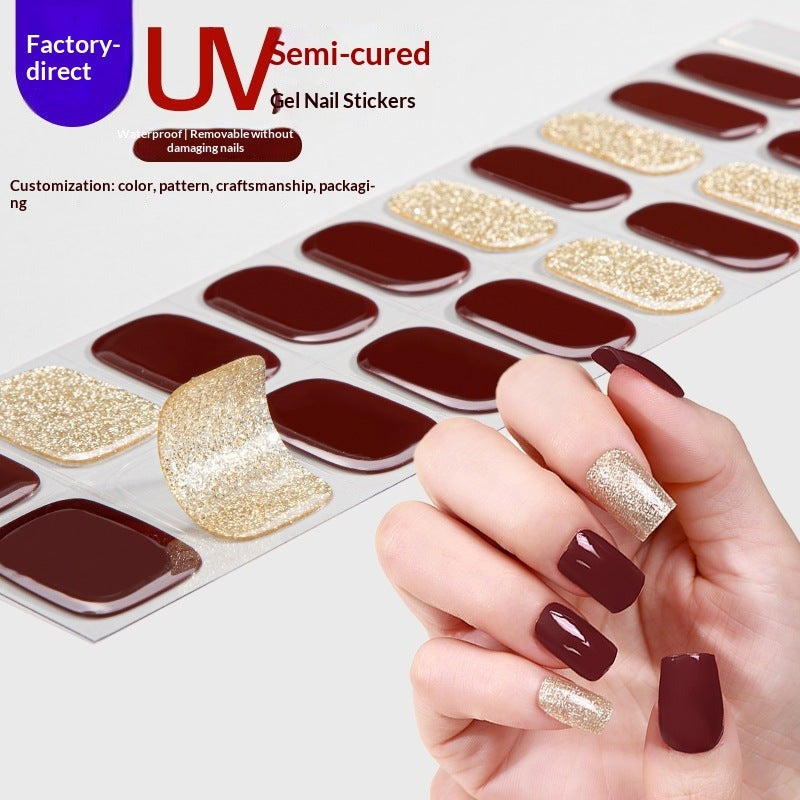 Semi-Cured Gel Nail Strips French Glitter Pink Sparkle Glossy Set (MOQ=3)