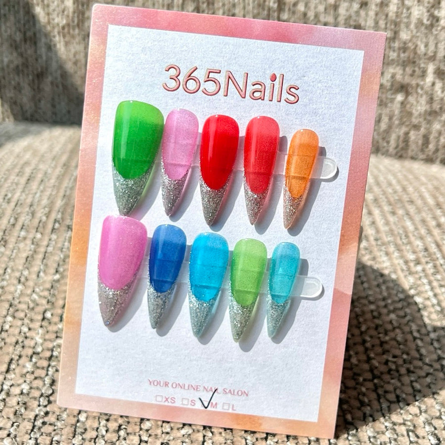 365nails: "Rainbow Glitter Vibe" – Multicolor Glitter Tip Handmade Stiletto Nails