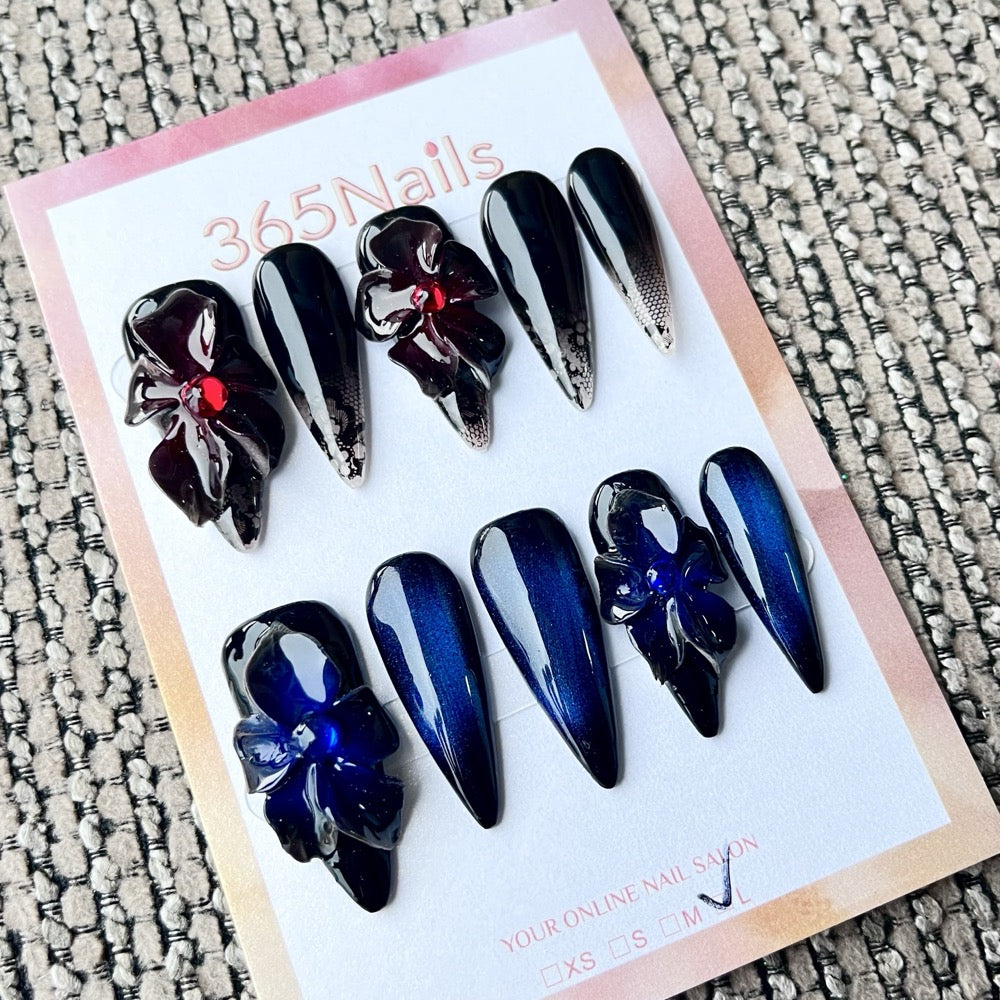 365nails: "Midnight Bloom" – 3D Floral Handmade Stiletto Nails