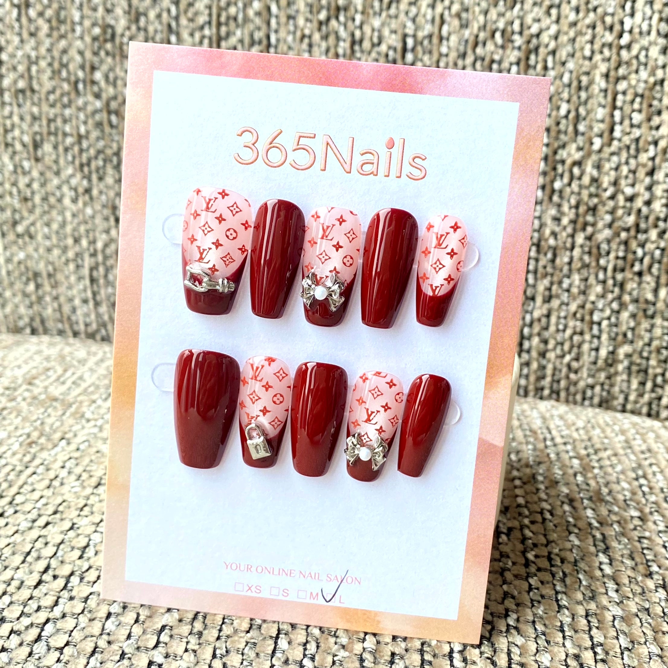 Luxury Logo 365nails: "Crimson Royal Monogram" – 3D Silver Bow & Luxury Pattern Handmade Coffin Nails