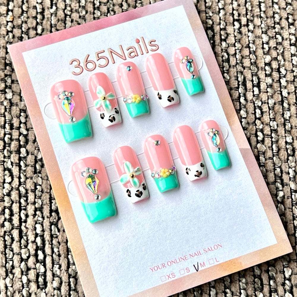 "Pink Mint French Crystal Leopard" - Wholesale Ultra-Soft Flexible Fit Handmade Nails (MOQ=100)