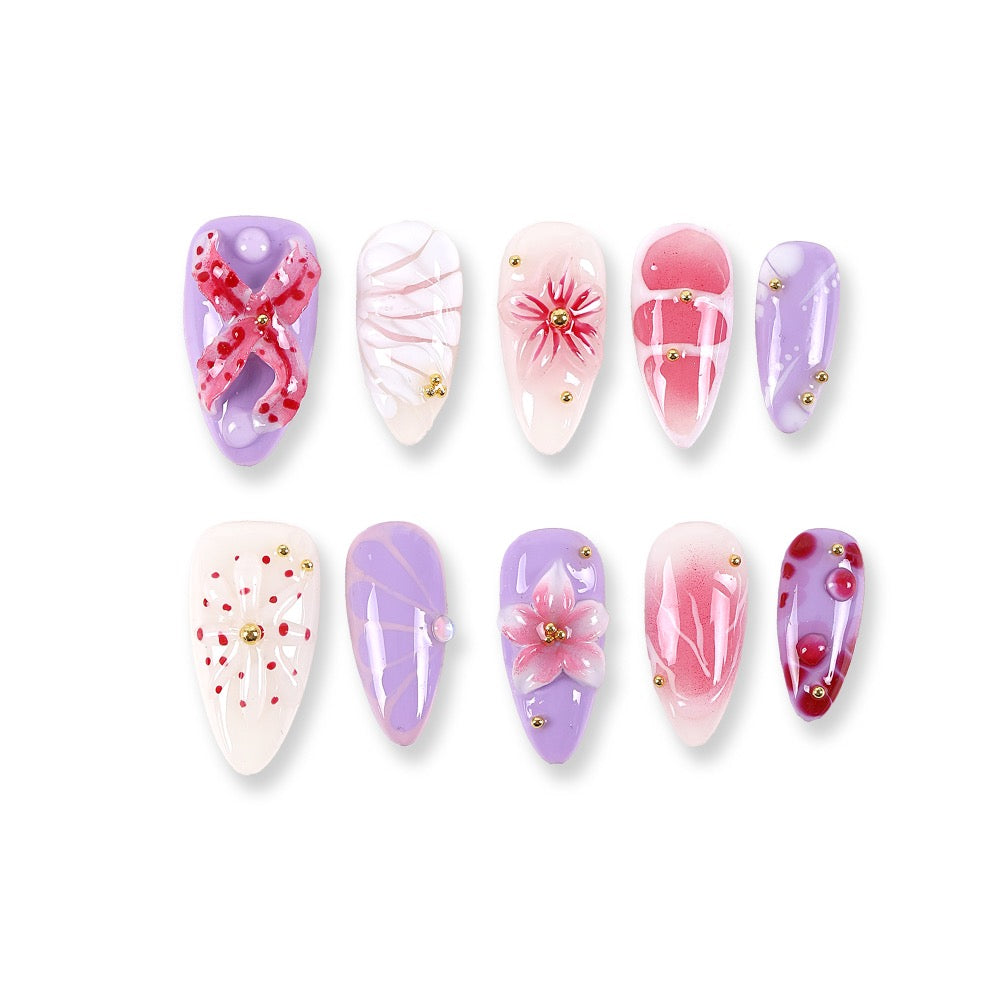 365Nails Lavender & Milky White Mix with Pink Gradient, 3D Florals, and Gold Beads Press-On Nails