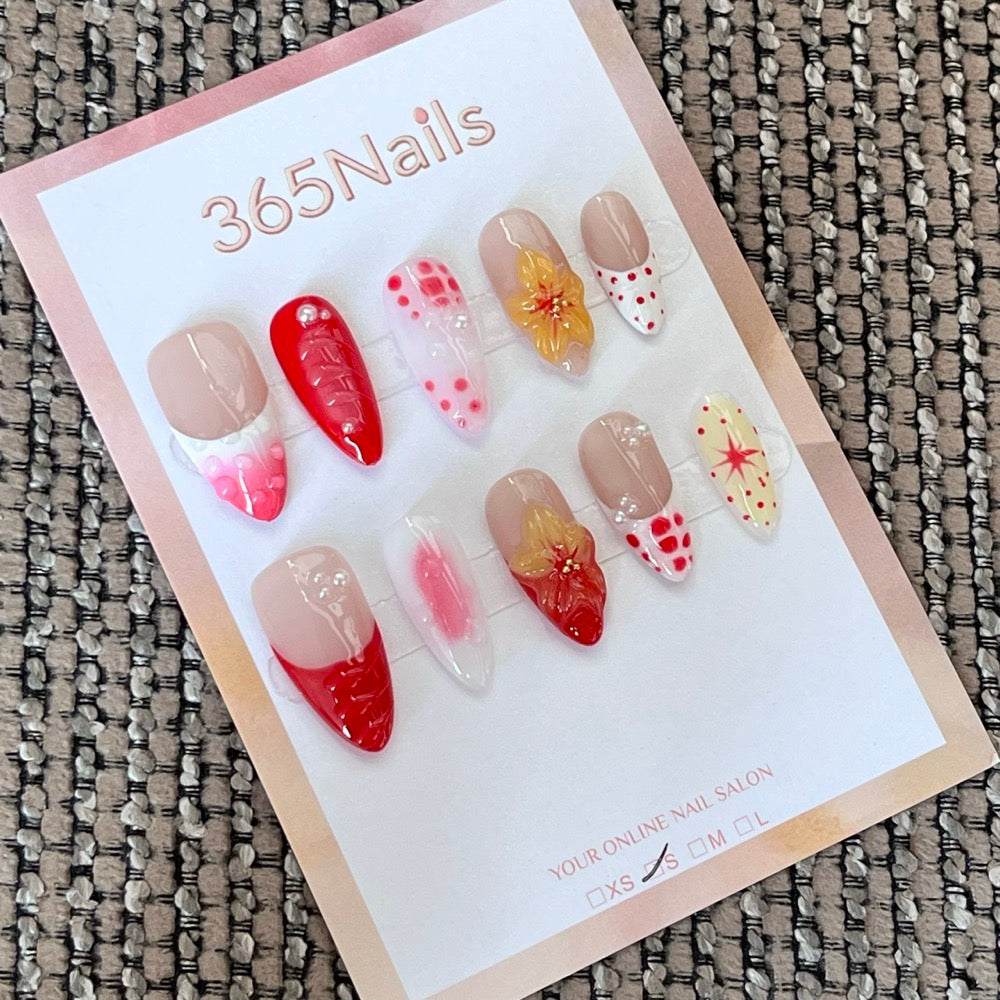 Ruby Citrus Mix - Red 3D Floral Press-On Nails