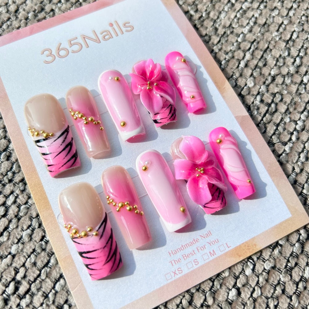 Sculpted Flora: "Neon Tiger Blossom" – 3D Bright Pink Floral & Tiger Print Long Square Nails