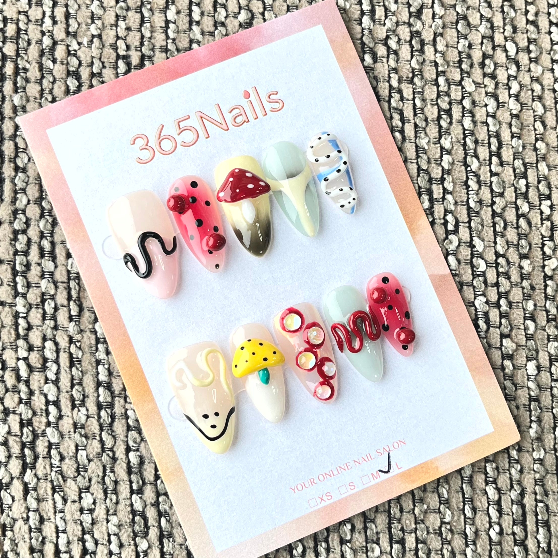 365nails: "Whimsical Forest" – 3D Mushroom & Doodle Handmade Almond Nails
