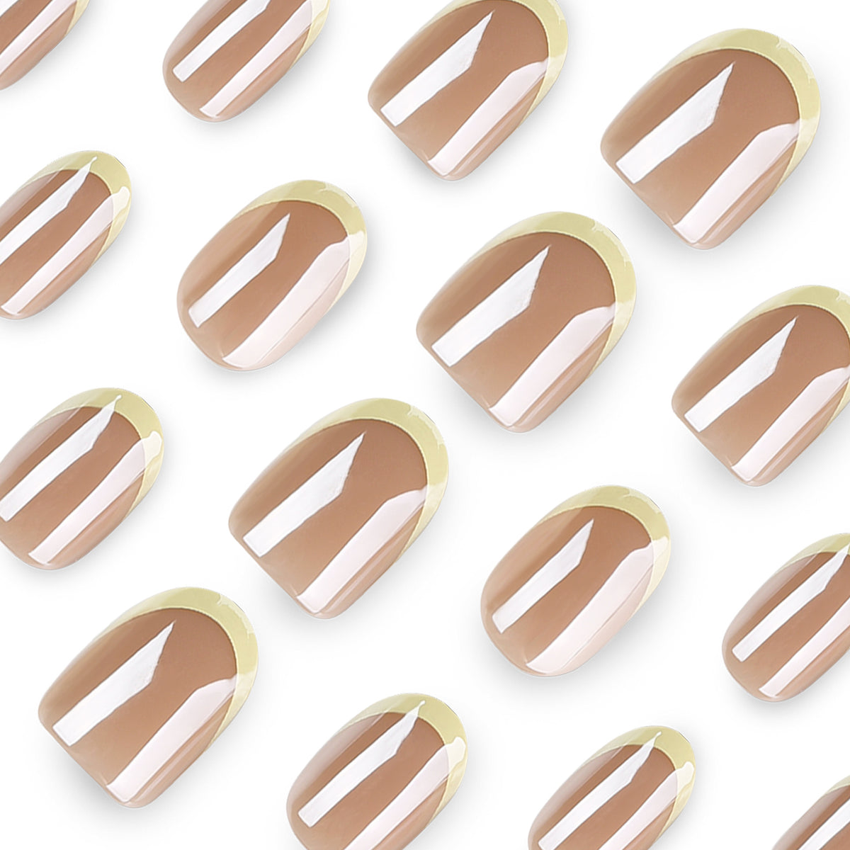 Close-up of glossy nude press-on nails with yellow French tips