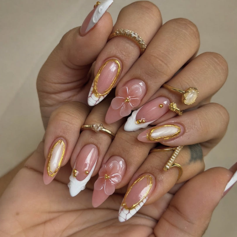 3D French Floral Glossy Pink White Almond Short Press On Nails – Design 61
