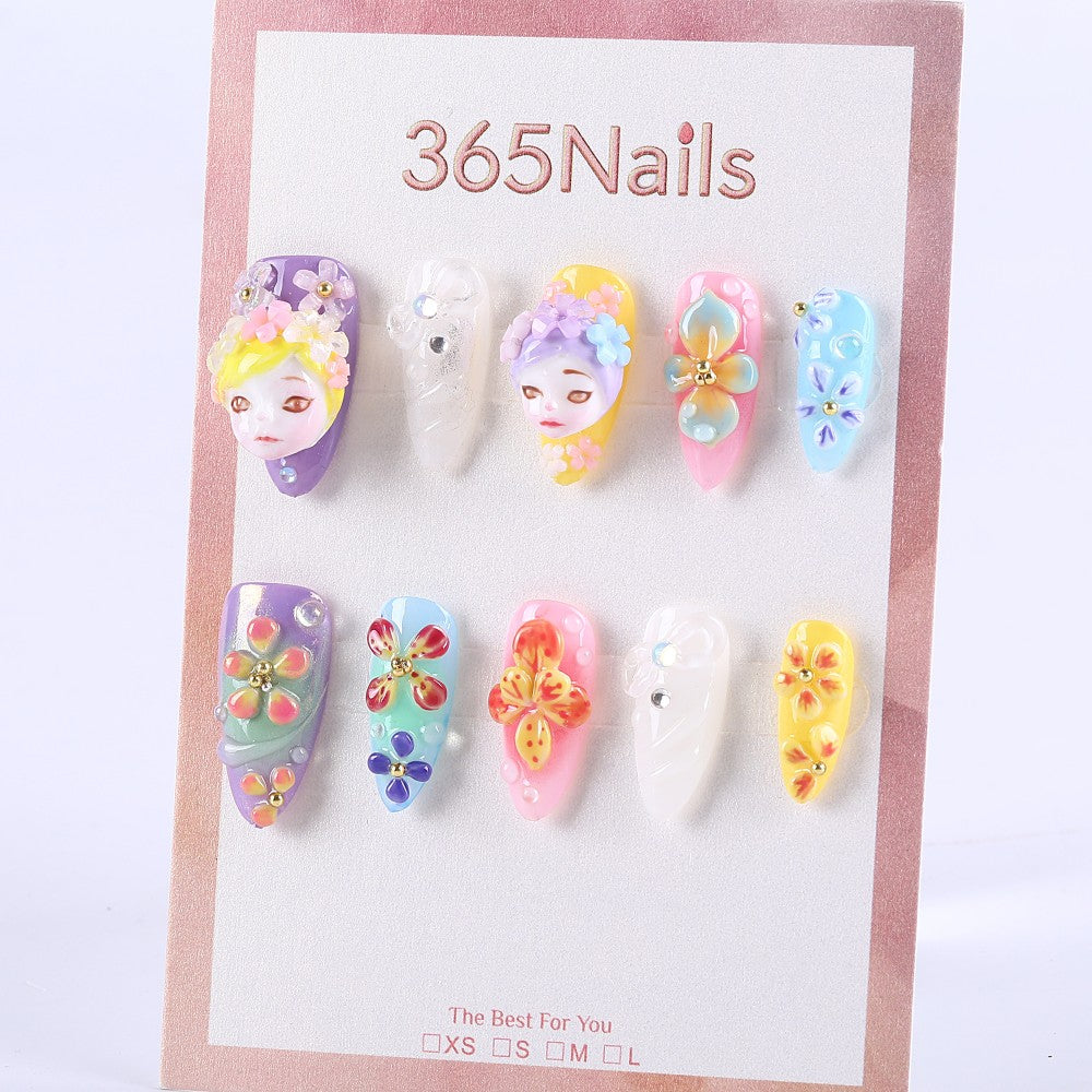 Colorful 3D Flower and Doll Face Press-On Nails