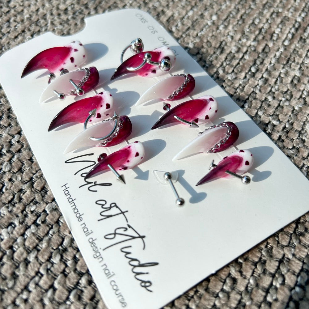 Dark Sweetheart Chain Press On Nails｜Burgundy  Stiletto with Hearts & Piercings