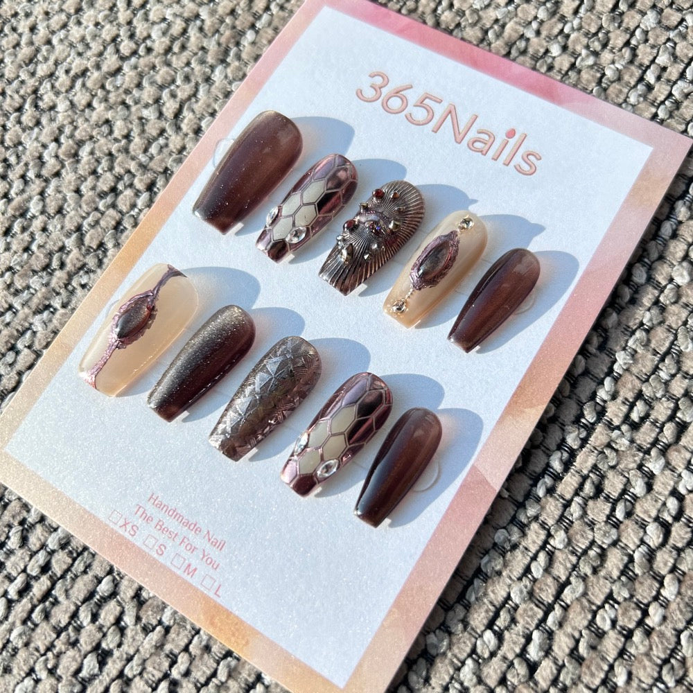 Luxury Logo The Gilded Serpent: "Bronze Wasteland" – Metallic Rose Gold & Brown Steampunk Handmade Press-On Nails with Vintage Gem