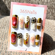 365nails: "Golden Safari" – Unhas Coffin Decoradas 3D com Pedras e Estampa Animal