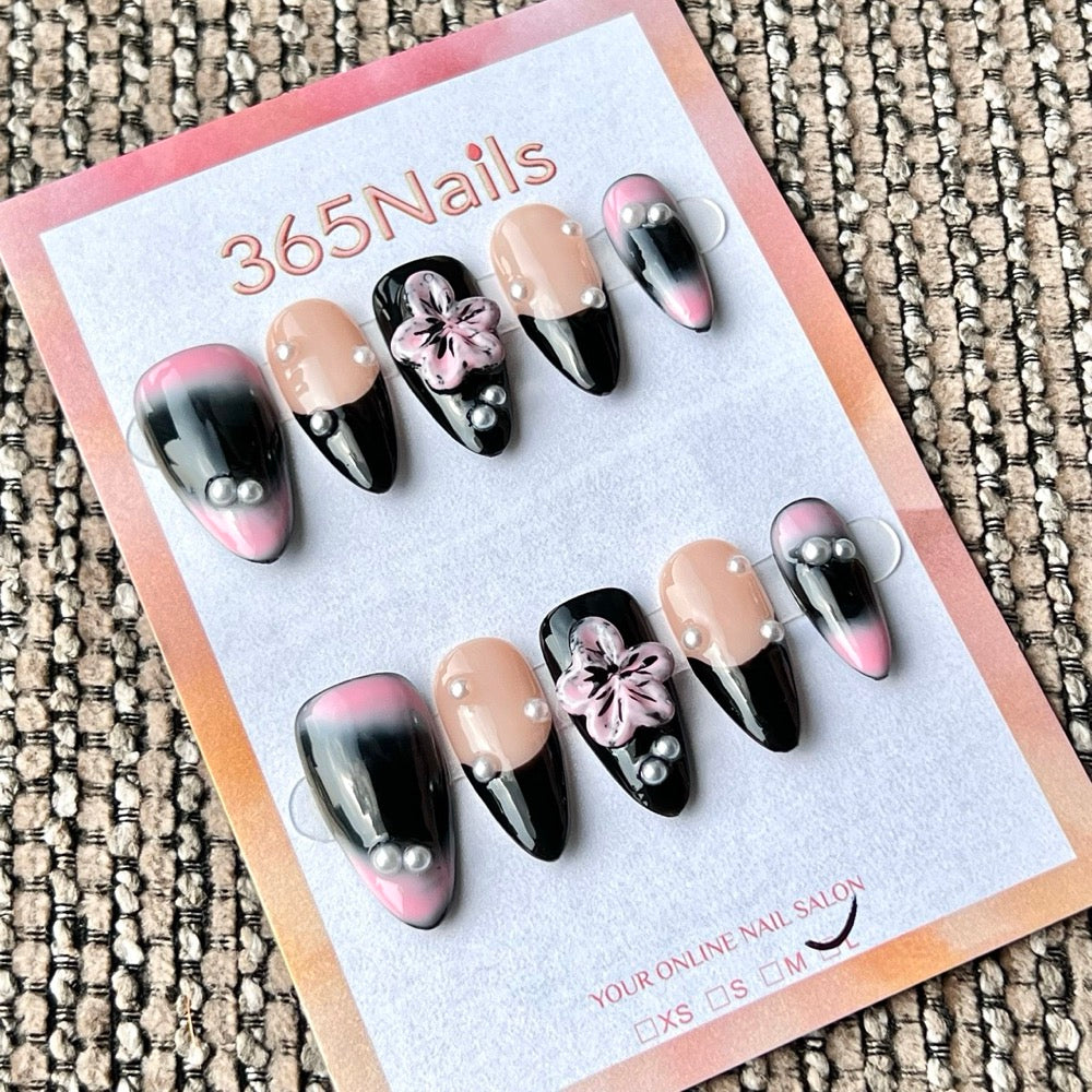365nails: "Pink Black Flower Pearl Mix" – Handmade Medium Stiletto Press-On Nails