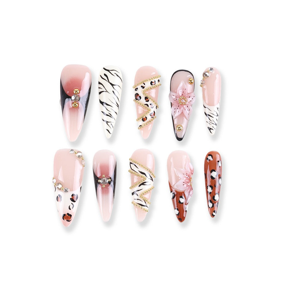 Zebra and Leopard Print Press-On Nails with Gold Chains and 3D Flowers ( MOQ=5pcs )