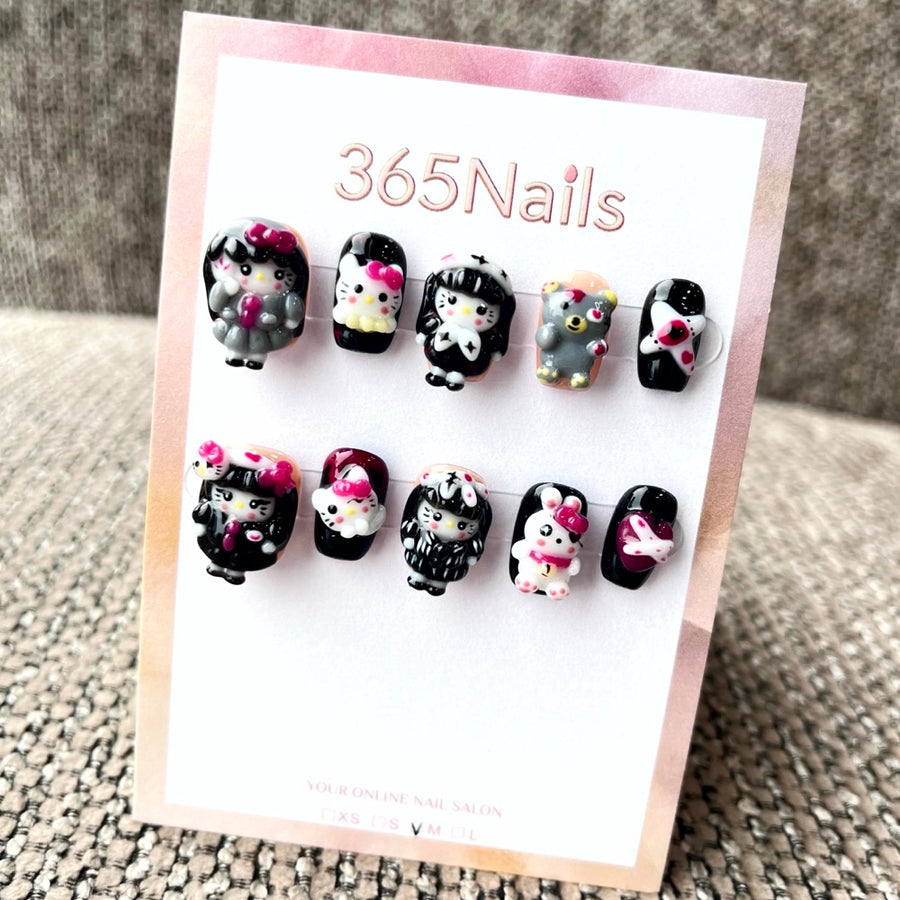 365nails: "Dark Kawaii Dreams" – 3D Hello Kitty Short Square Nails