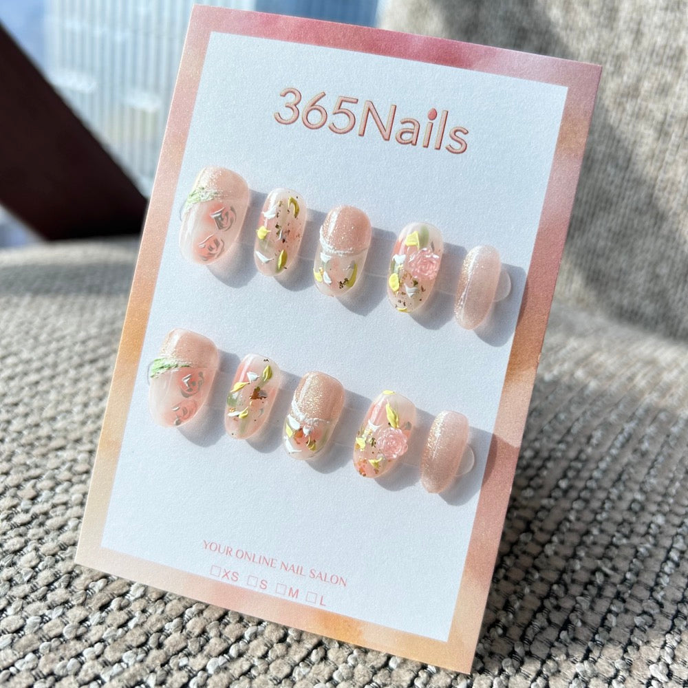 Sweet & Dopamine: "Spring Rose Garden" – Nude Pink Cat Eye Base, Impasto Floral Art, Gold Foil & 3D Rose Press-on Nails