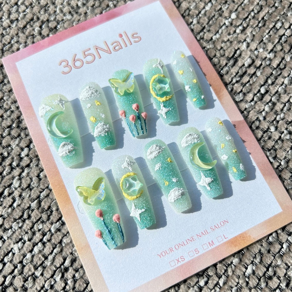 Sweet & Dopamine: "Minty Starlight Garden" – Mint Green Gradient, Sugar Glitter, 3D Butterfly, Moon, Star & Tulip Press-on Nails